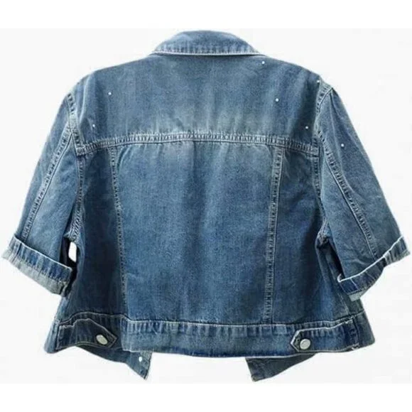 Women's Cotton Blend Cropped Denim Jacket Rhinestones Pearls 3/4 Sleeve